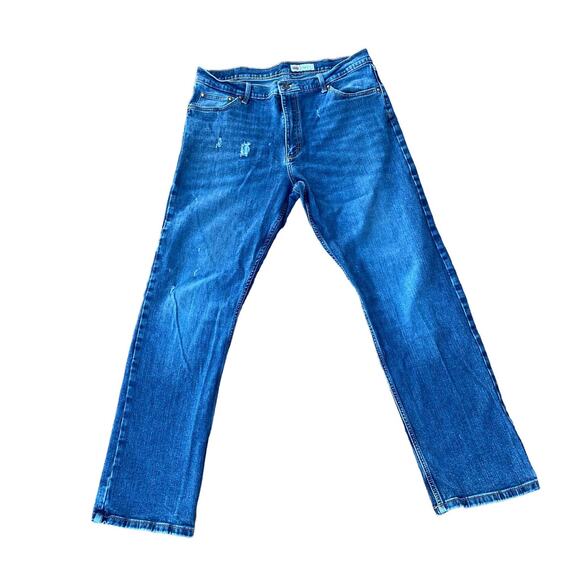 Wrangler Men Dark Wash Mid Rise Ripped Distressed Straight Fit Jeans 36X32 - Picture 1 of 9